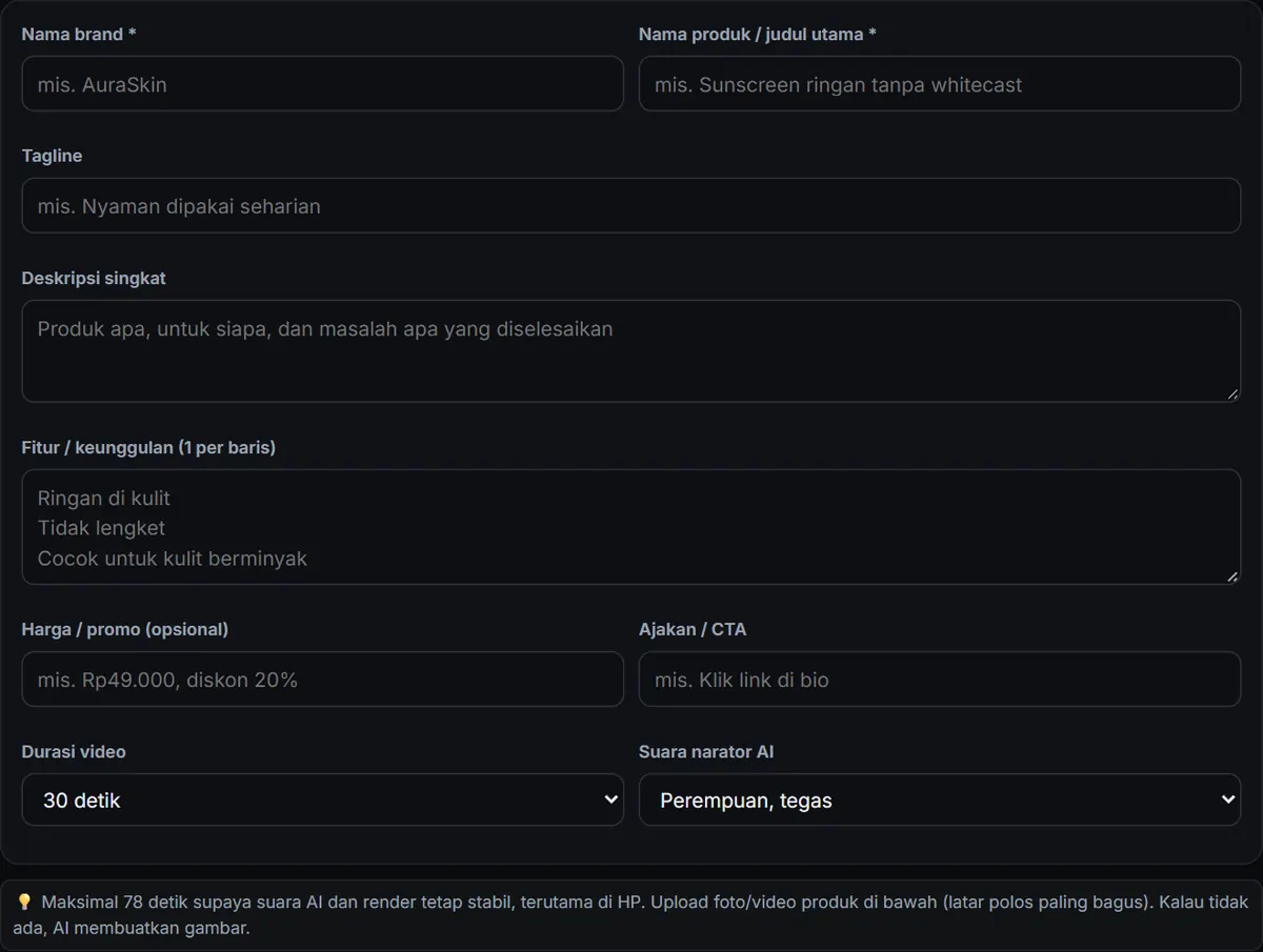 Form info produk di aplikasi Auto Motion
